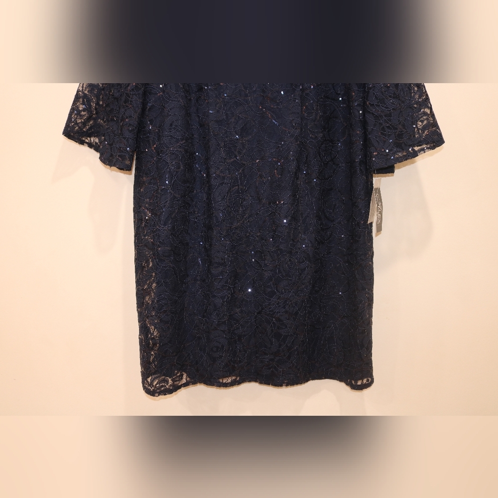 Alex Evenings Plus Size Sequined Lace Sheath Dress - Navy - Picture 4 of 9